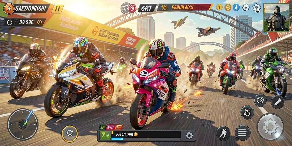 Gameplay seru dengan aksi balapan motor.