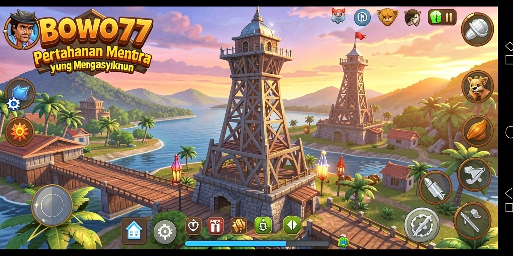 Tampilan gameplay BOWO77 dengan menara strategis dan musuh yang menyerang.