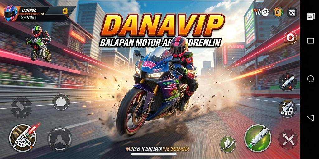 Screenshot permainan DANAVIP yang menampilkan balapan motor yang seru.