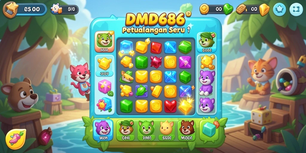 Screenshot DMD686 menampilkan gameplay mencocokkan tiga yang seru.