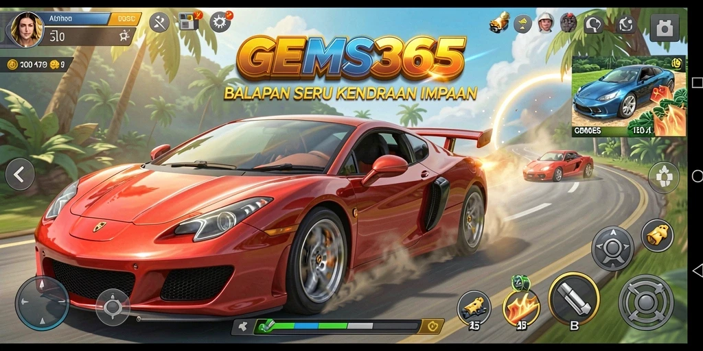 Tampilan gameplay GEMS365 dengan aksi balapan yang mendebarkan.