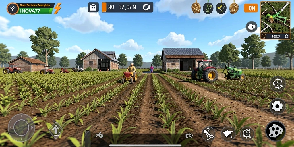Tampilan gameplay <strong>INOVA77</strong> dengan ladang yang subur dan aktivitas pertanian.