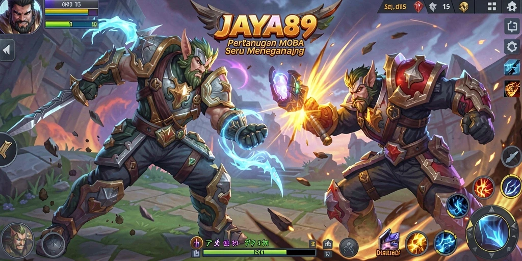 Screenshot utama JAYA89 menampilkan pertarungan MOBA seru.