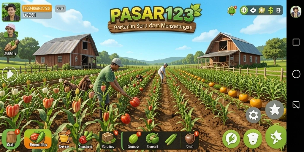 Tampilan gameplay seru dalam PASAR123 saat bertani dan memanen hasil.
