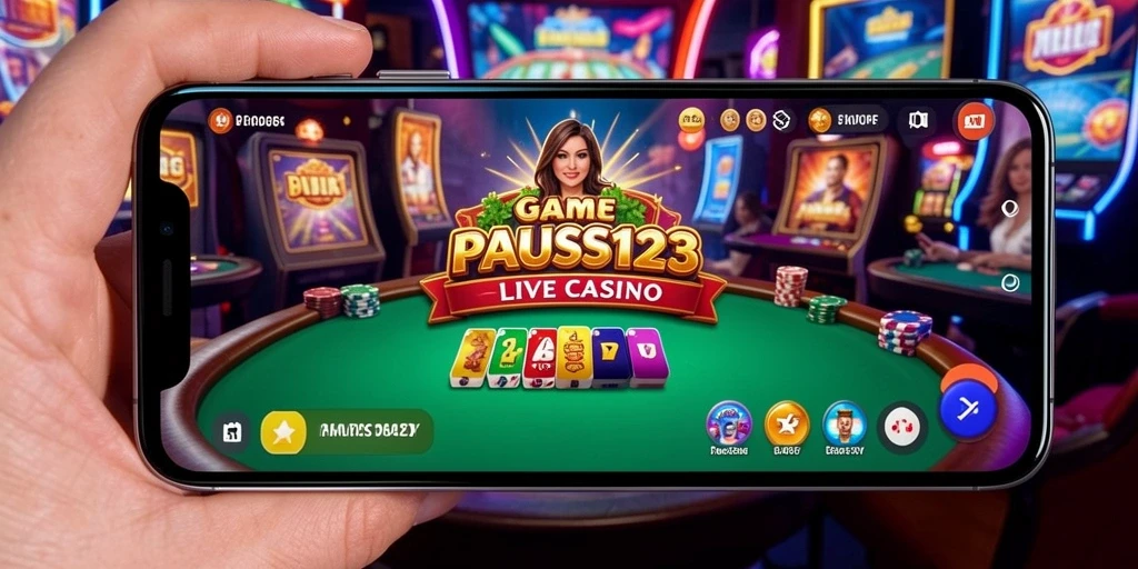 Screenshot gameplay PAUS123 dengan dealer langsung dan atmosfer kasino.