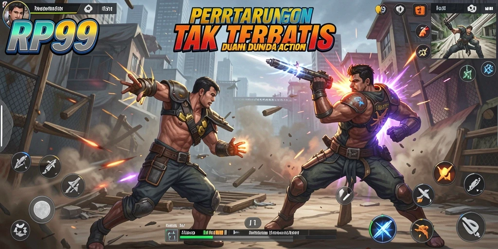 Screenshot gameplay RP99 menampilkan aksi penuh adrenalin dan karakter dinamis.