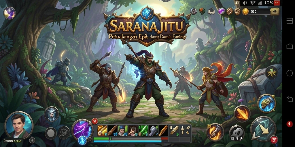 Screenshot gameplay SARANAJITU menampilkan pertarungan epik di dunia fantasi.